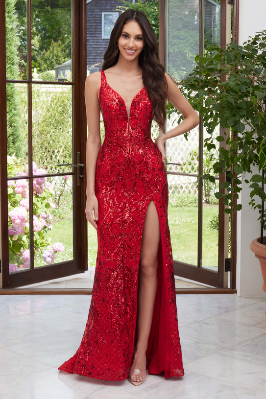 Red Morilee 49120 V-neck prom dress