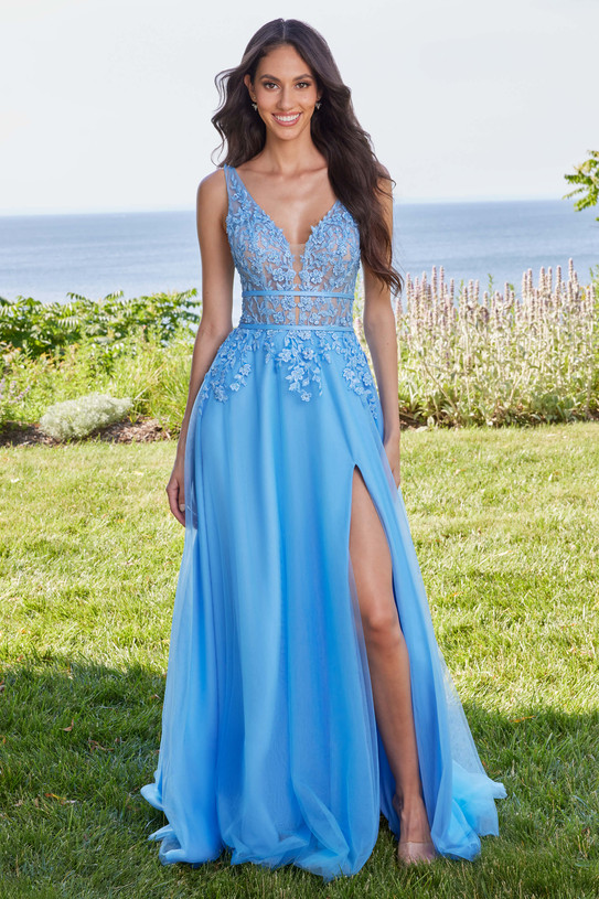 Morilee 49133 lace plunge neckline dress