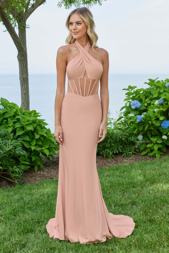 Criss-Cross Halter Neckline Dress with Center Keyhole Morilee 49142