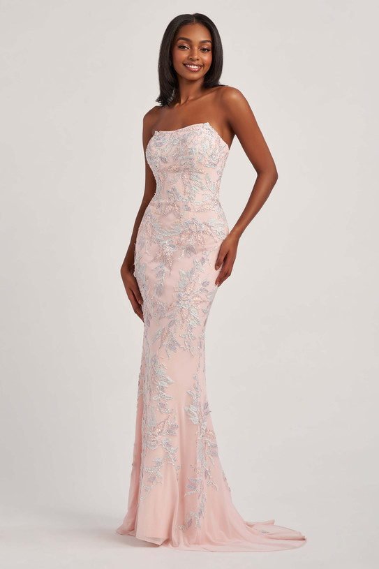 Colette CL6007 fit-and-flare prom gown front view in Pink/Multi with strapless neckline