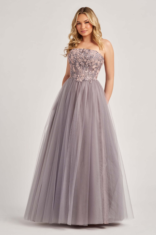 Colette CL6008 A-line prom gown front view in Platinum/Blush with strapless neckline and floral sparkle