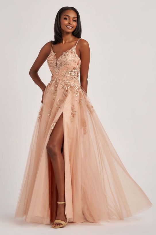 Colette CL6012 A-line prom gown front view in Champagne with sweetheart neckline and slit