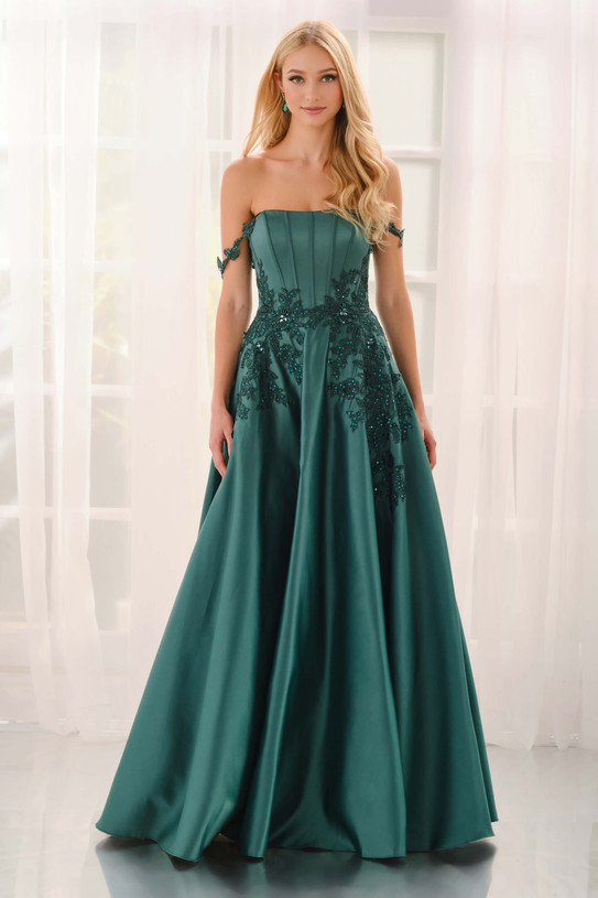Colette CL6151 satin ball gown in Hunter Green, front view with scoop neckline, floral straps, and pockets