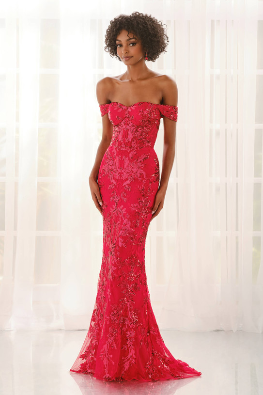 Red Colette CL6205 off-the-shoulder sweetheart fit-and-flare gown with embroidered sequin mesh, front view.