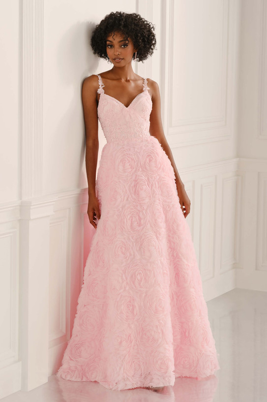 Light pink Colette CL6223 floral ball gown with sweetheart bodice and 3D tulle flowers, front view.