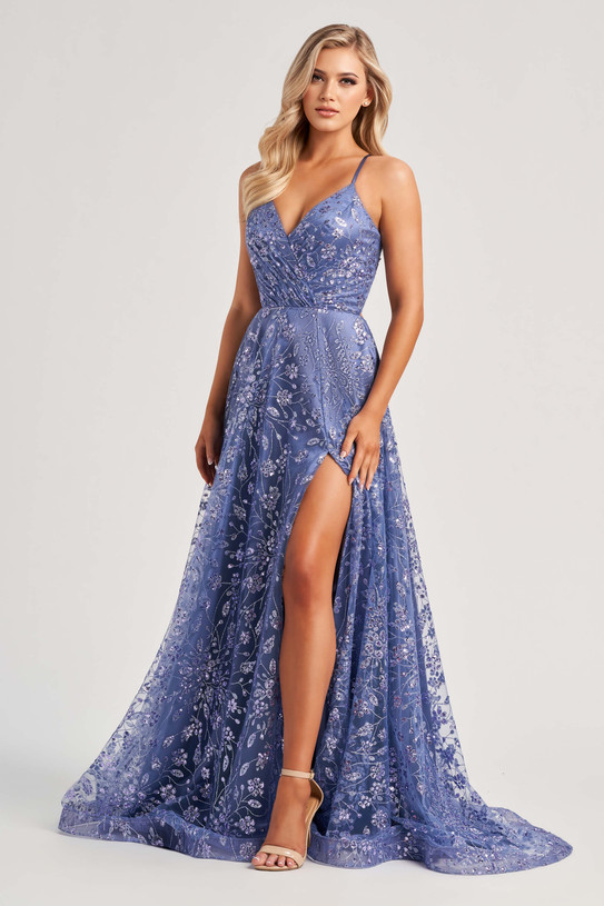 Periwinkle Colette CL8230 A-line gown with cracked-ice sequins, V-neck, and thigh-high slit, front view.