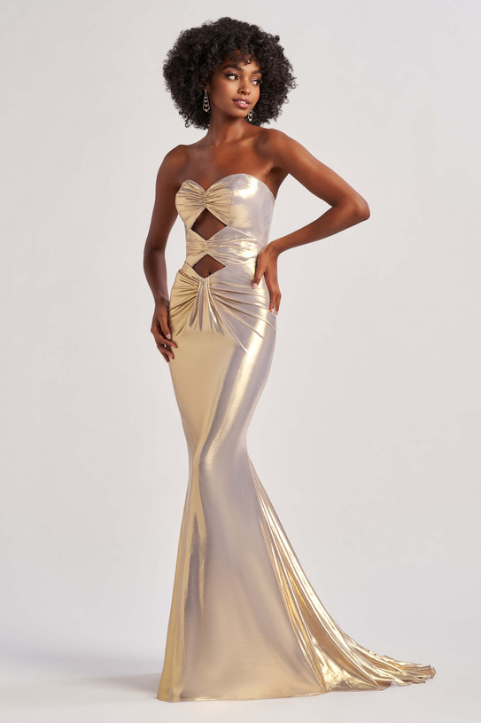 Gold Colette CL8545 liquid lamé strapless gown with sweetheart neckline and front cut-outs, side-front view.