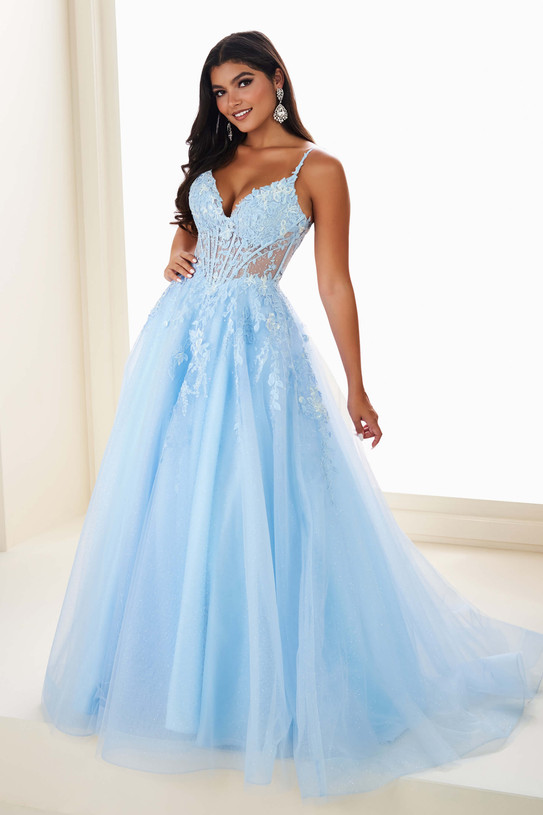 Light Blue version of EW37218 highlighting plunging neckline and flowing A-line skirt, front view.