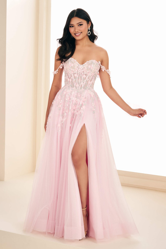 Ellie Wilde EW37094 Fairy Pink A-line with off-the-shoulder straps, corset bodice, and slit, front view.