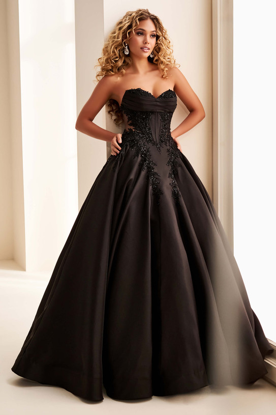 Ellie Wilde EW37082 Black mikado ball gown with sweetheart neckline and corset bodice, front view.