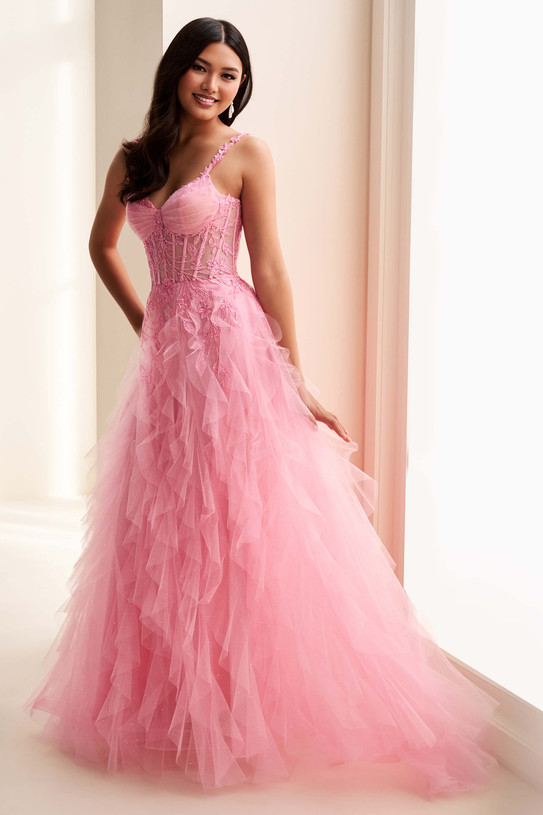 Candy Pink Ellie Wilde EW37031 ruffled A-line prom gown with corset bodice and sweetheart neckline.