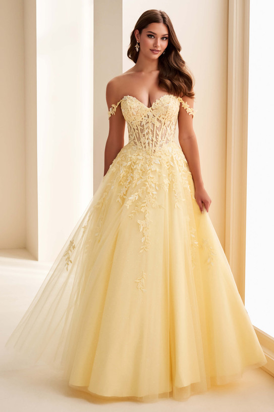Light Yellow Ellie Wilde EW37028 ball gown with floral off-the-shoulder straps and corset bodice.