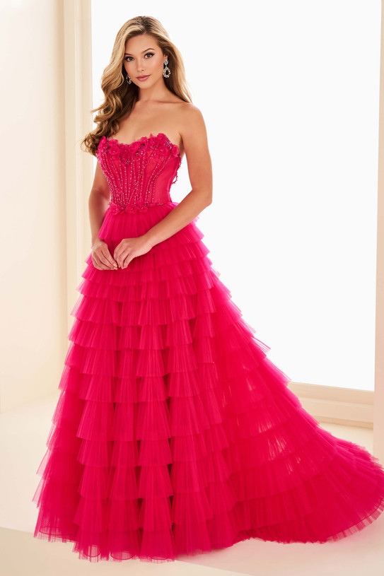 Magenta Ellie Wilde EW37026 strapless ruffled A-line prom gown with floral beaded corset bodice.