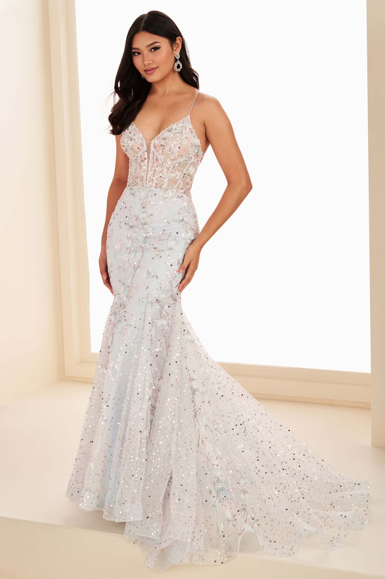 Ice Blue/Multi Ellie Wilde EW37021 beaded mermaid prom gown with plunging neckline and glitter tulle skirt.