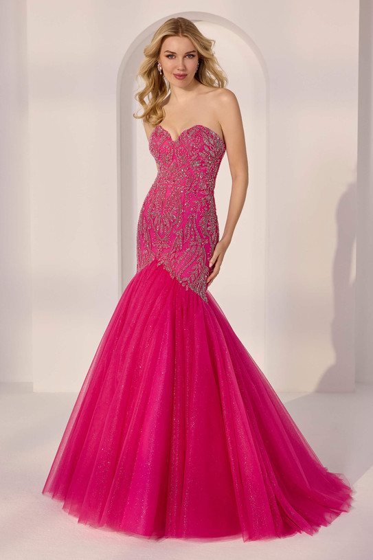 Front view of Morilee 49203 in hot pink with strapless sweetheart bodice and glitter tulle mermaid skirt.