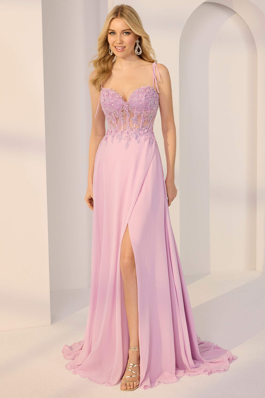 Front view of Morilee 49212 in peony with beaded lace bodice, tie straps, and chiffon A-line wrap skirt with slit.