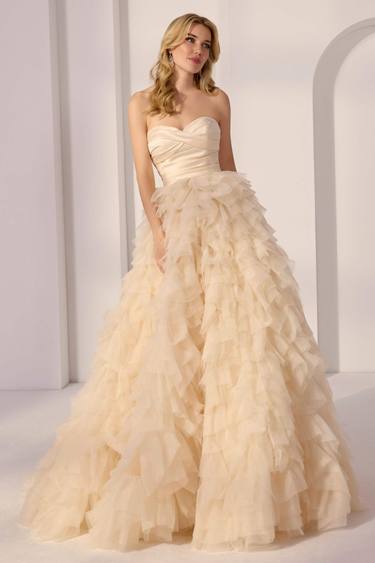 Front view of Morilee 49220 in champagne with draped satin sweetheart bodice and tiered ruffled organza ball skirt.