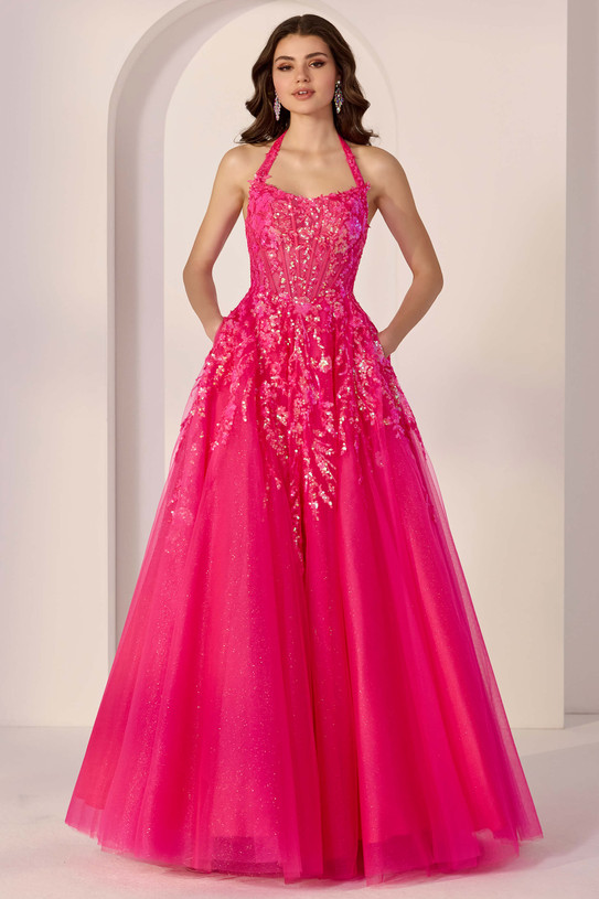 Front view of Morilee 49223 in fuchsia with detachable halter, cat-eye corset bodice, and tulle A-line skirt.