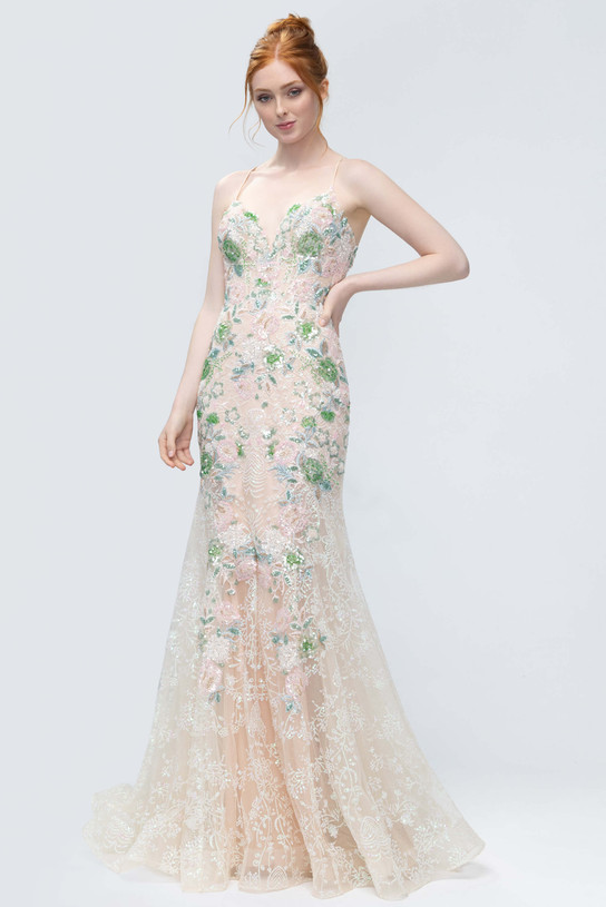 Front view of Morilee 49244 in green/blush showing stylized sweetheart neckline, beaded straps, and glitter lace fit-and-flare silhouette.