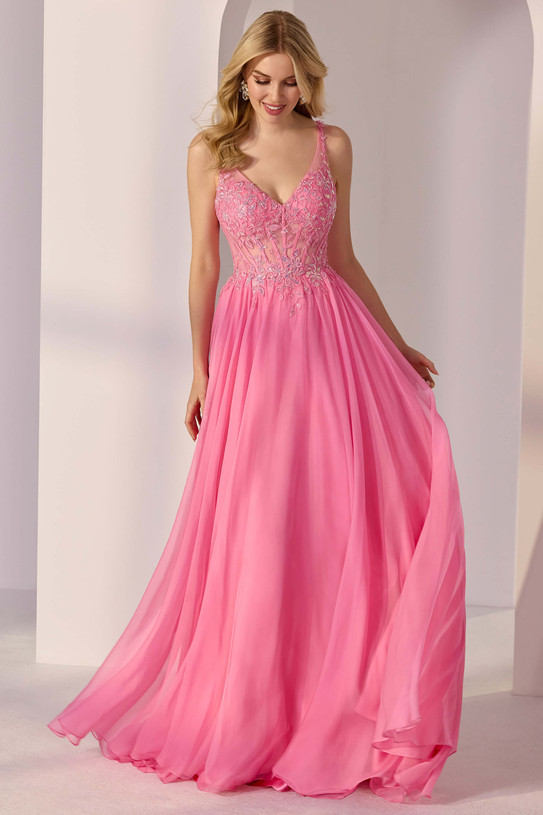 Front view of Morilee 49250 in fuchsia with V-neck, floral lace bodice, and flowing chiffon A-line skirt.