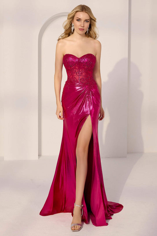 Front view of Morilee 49254 in magenta metallic jersey with sheer boned bodice and thigh-high slit.