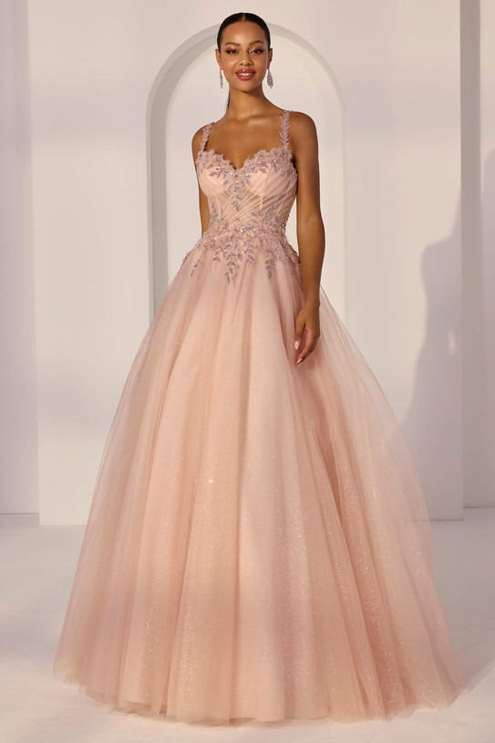 Front view of Morilee 49273 blush ball gown with sheer ruched bodice, delicate floral glitter details, and full sparkling glitter tulle skirt