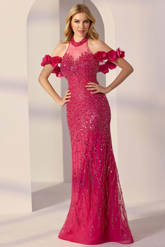 Front view of Morilee 49313 in Fuchsia/Silver, fitted beaded tulle gown with illusion halter neckline and 3D rosette sleeves.