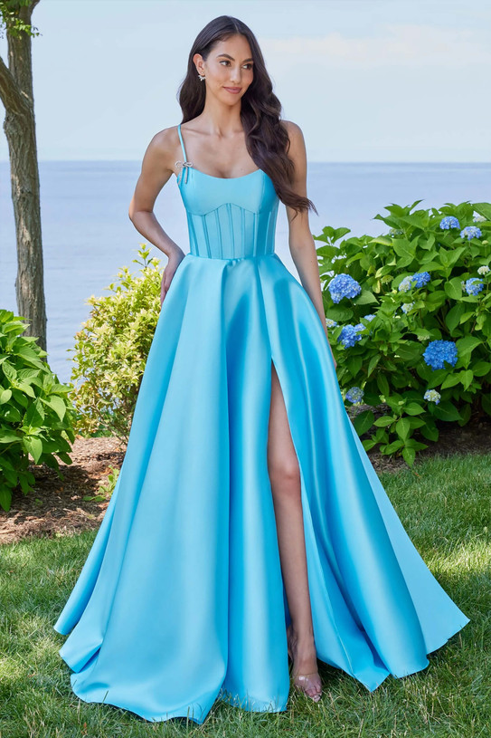 Front full-length view of Morilee 49315 in aqua Mikado with scoop boned bodice, slit skirt, and pockets.