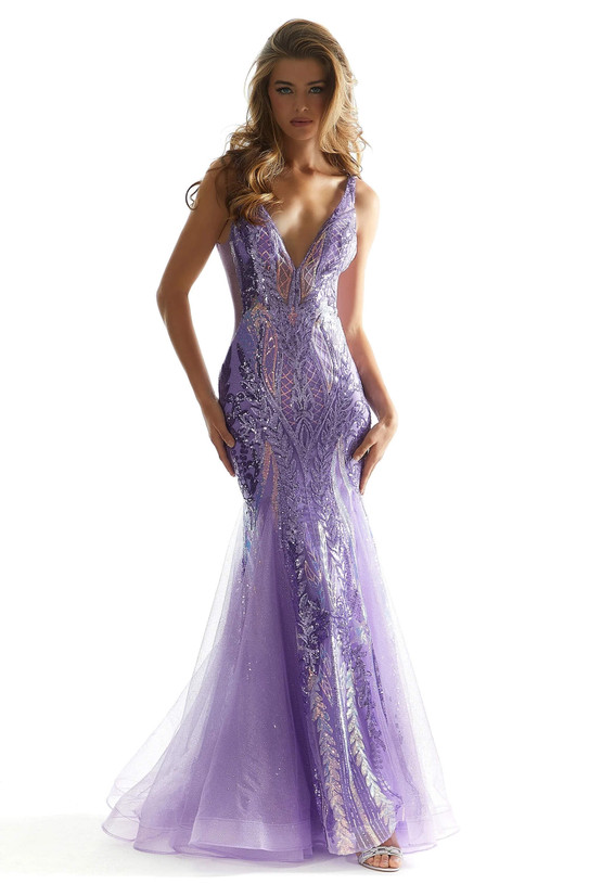 Front full-length view of Morilee 49317 in lilac with plunging V-neckline and glitter mermaid silhouette.