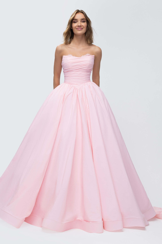 Front view of Morilee 49332 light pink taffeta ball gown with strapless neckline, peek-a-boo beaded Chantilly lace overlay, and ruched basque waist bodice