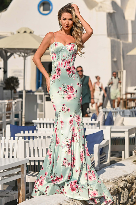 Model wearing mint floral PS26000 fit-and-flare gown outdoors, full length.