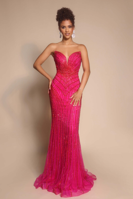 Fuchsia PS26004 strapless beaded sheath gown with sweetheart neckline, front view.