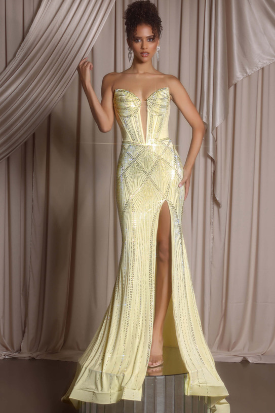Yellow PS26013 beaded fitted gown with plunging sweetheart neckline and thigh-high slit, front view.