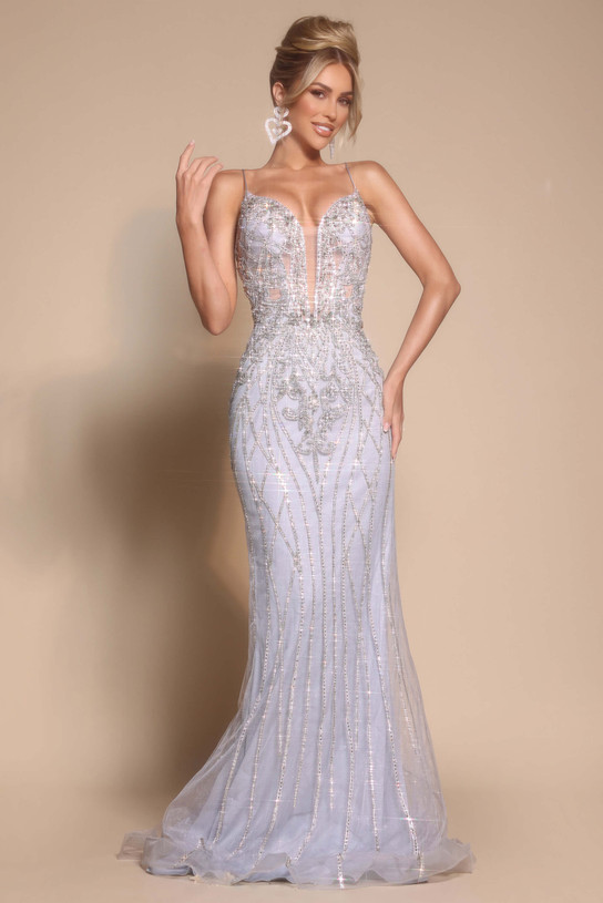 Silver PS26033 fully beaded fit-and-flare gown with plunging sweetheart neckline and sheer corset bodice, front view.