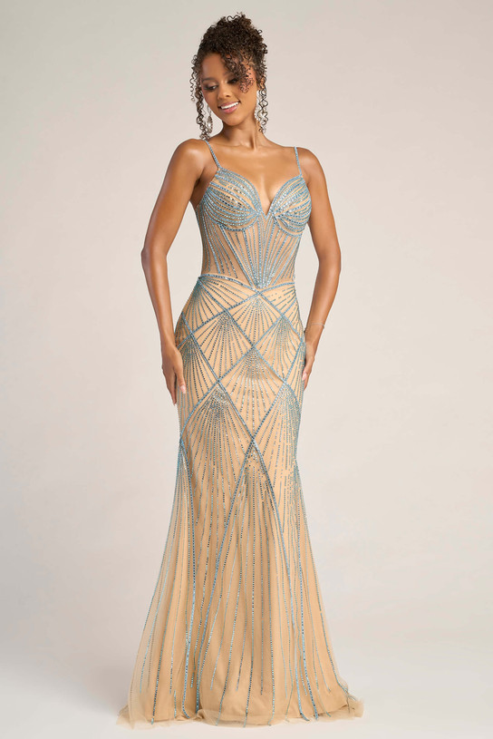 Model wearing Portia and Scarlett PS26263 beaded fit-and-flare gown in nude/blue with geometric beadwork and plunging neckline.