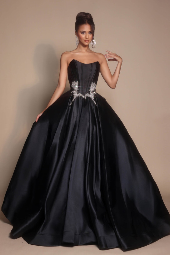 Portia and Scarlett PS26315E black satin ball gown with strapless scoop neckline, structured corset bodice, and intricate metallic embroidery at waist