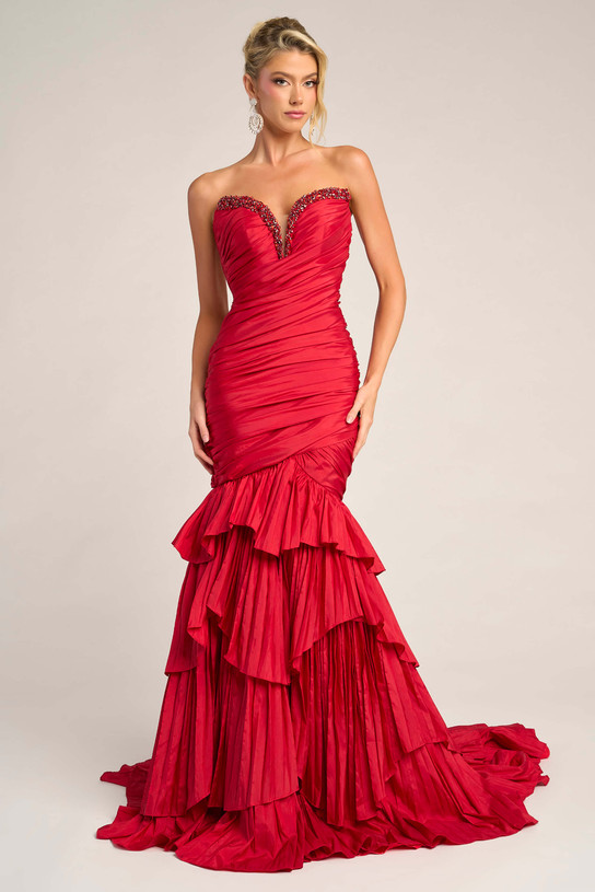 Portia and Scarlett PS26325E red ruffled mermaid evening gown with strapless sweetheart neckline, ruched bodice, crystal embellishments at bustline