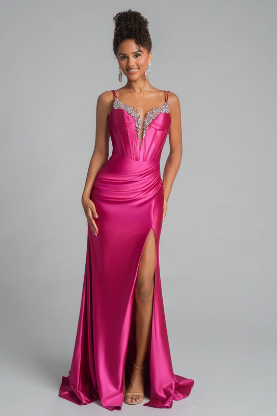 Portia and Scarlett XO105 raspberry fitted satin gown with crystal embellished plunging neckline and slit