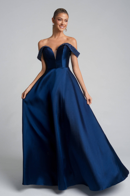 Portia and Scarlett XO117 navy off-the-shoulder A-line satin gown with plunging sweetheart neckline