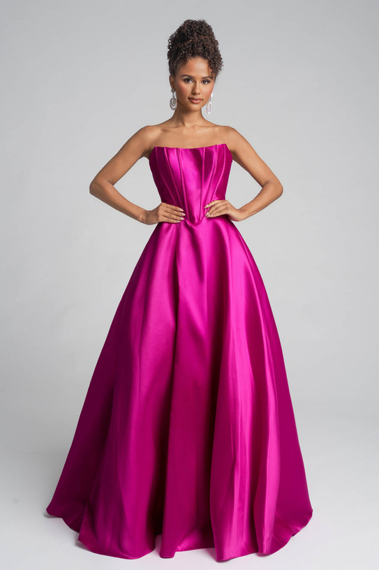 Portia and Scarlett XO124 magenta strapless A-line satin gown with corset bodice and exposed boning