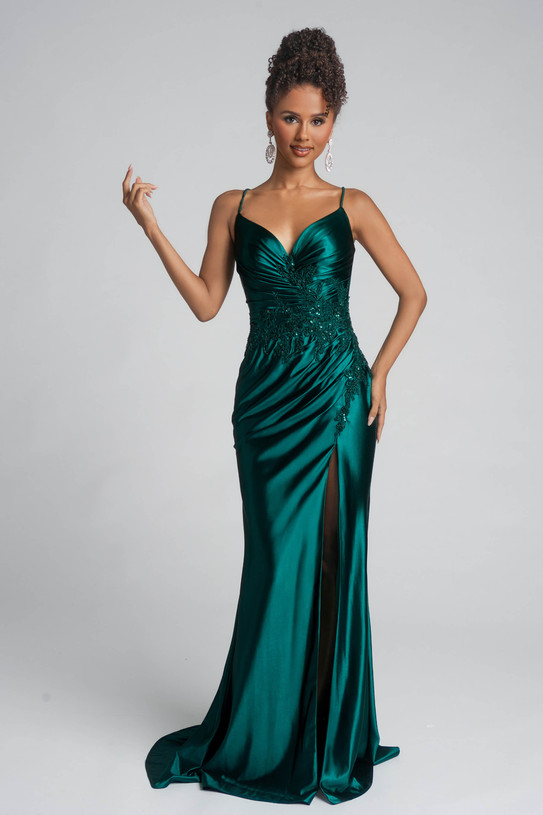 Front view of Portia & Scarlett XO136 emerald satin fitted prom dress with lace embellishments and high slit.