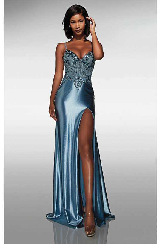 Front view of the French blue stretch satin sheath gown with beaded lace corset bodice, sweetheart neckline, and thigh-high slit.