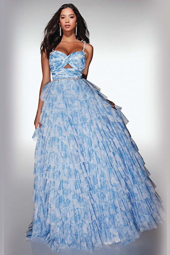 Light periwinkle ruffled A-line prom dress with sweetheart neckline and beaded waist