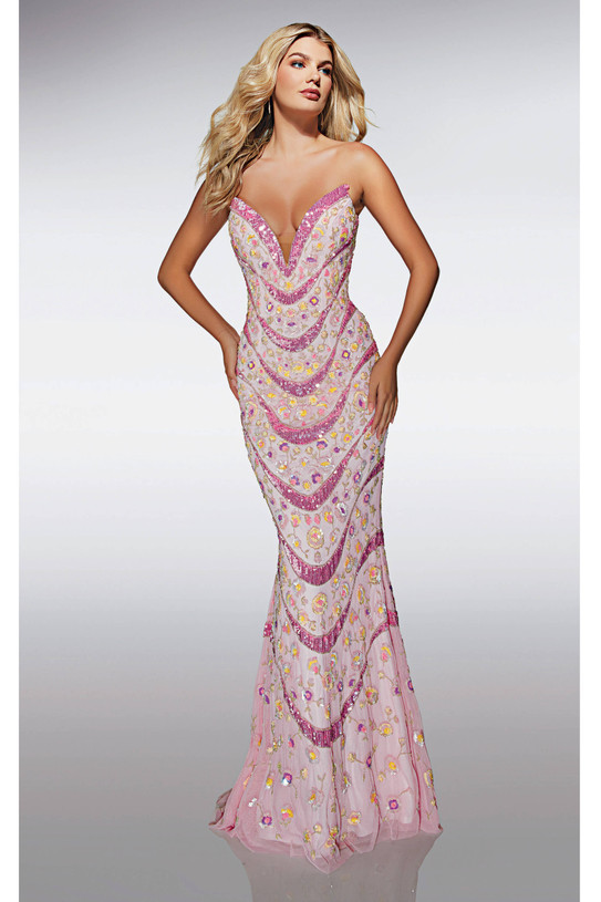 Light pink and ivory fully beaded prom dress with plunging strapless V-neckline and fitted silhouette.