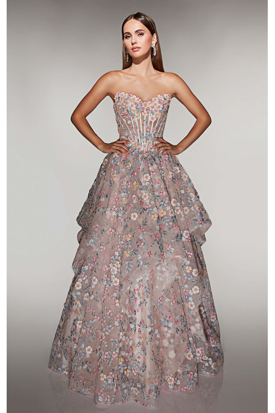 French pink 3D floral ballgown with sweetheart neckline and dimensional appliques