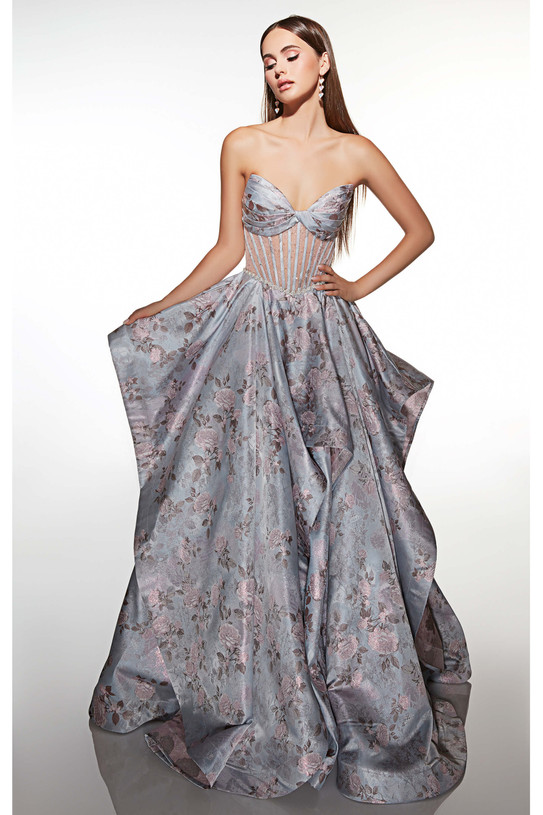 Silver Lake/Pink jacquard ballgown with cat-eye strapless neckline, semi-sheer corset bodice, and voluminous waterfall skirt.