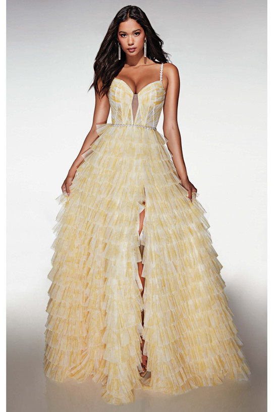 Buttercup yellow feathered A-line dress with plunging sweetheart neckline