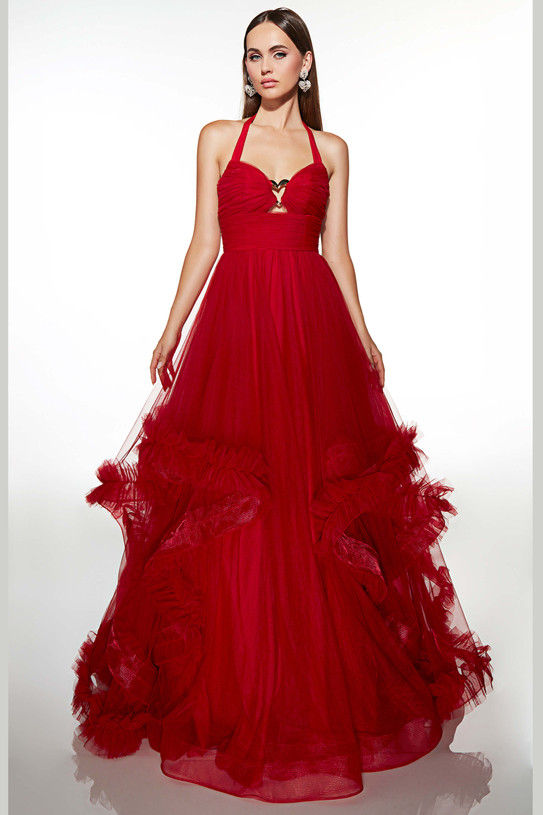 Alyce Paris 62151 red velvet ballgown with halter neckline and cascading soft tulle ruffled skirt