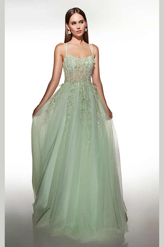 Mint lace and tulle ball gown with scoop neckline, corset bodice, and voluminous layered skirt.