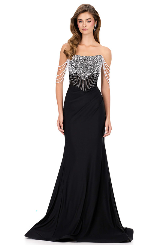 Ashley Lauren 12154 in Black with beaded corset bodice and draped pearl off-the-shoulder straps.
